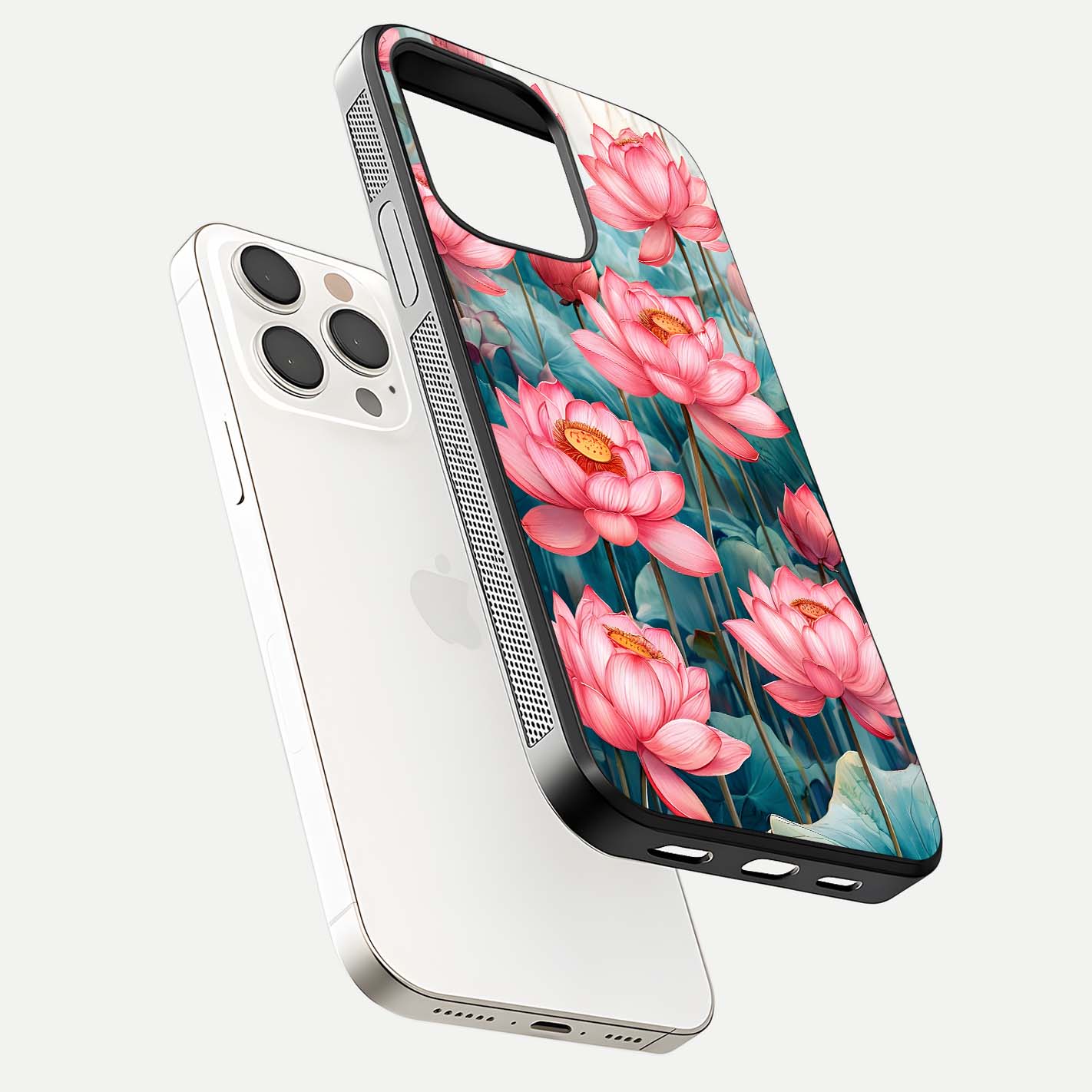 Celestial Pink Lotus Glass Case for iPhone 15 Pro Max floating mockup displaying cosmic tone and gloss surface