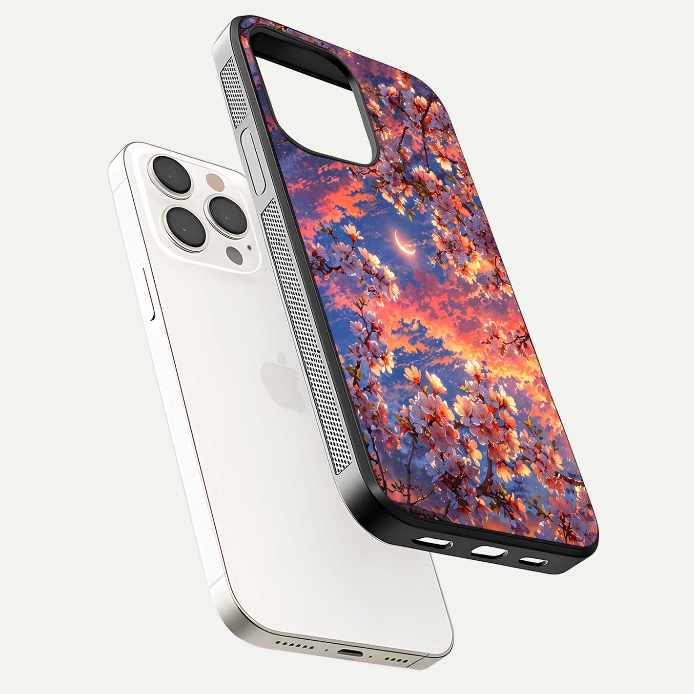 Celestial Sakura Sunset Glass Case for iPhone 15 Pro Max floating mockup capturing sunset hue and smooth gloss