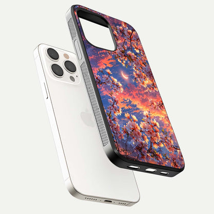 Celestial Sakura Sunset Glass Case for iPhone 15 Pro Max floating mockup capturing sunset hue and smooth gloss