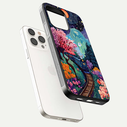 Celestial Train Journey Glass Case for iPhone 15 Pro Max floating mockup capturing gloss reflection and deep night hues
