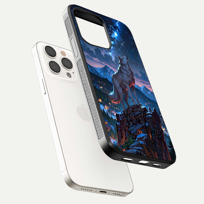 Celestial Wolf Howl Glass Case for iPhone 15 Pro Max floating mockup capturing reflection depth and silver gloss