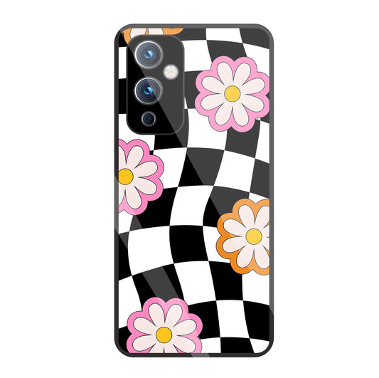 Check Pattern With Flowers Glass Case For OnePlus 9