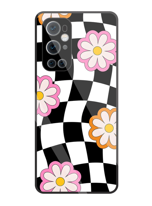 Check Pattern with flowers Glass Case For OnePlus 9 Pro