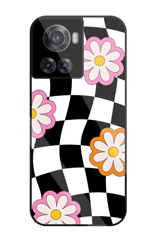 Check Pattern With Flowers Glass Case For OnePlus 10R