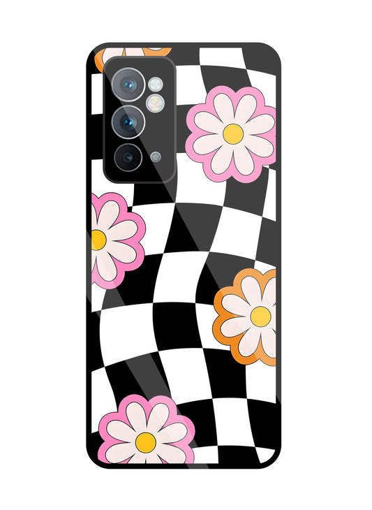 Check Pattern With Flowers Glass Case For OnePlus 9RT