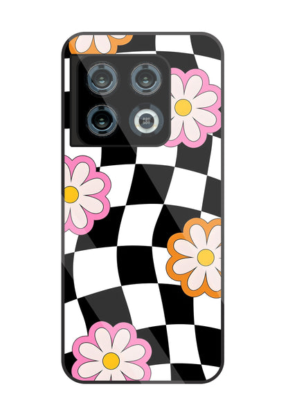 Check Pattern With Flowers Glass Case For OnePlus 10 Pro