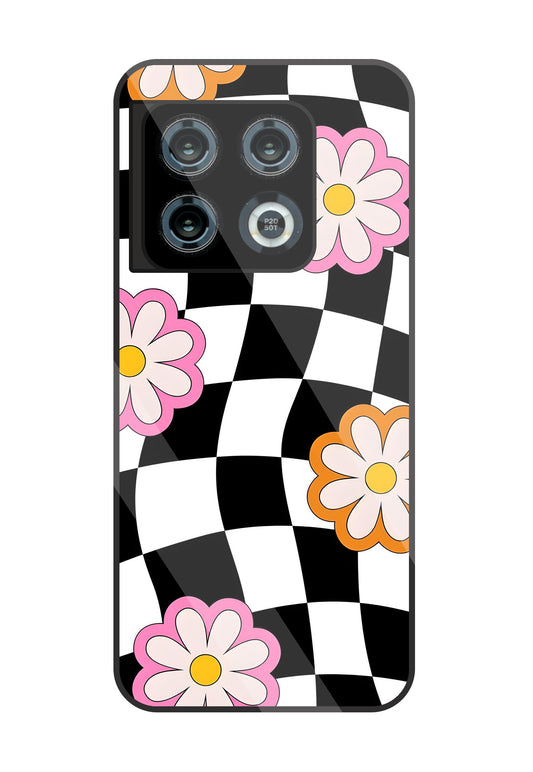 Check Pattern With Flowers Glass Case For OnePlus 10 Pro
