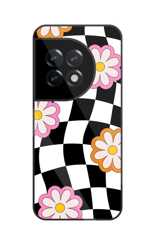 Check Pattern With Flowers Glass Case For OnePlus 11R