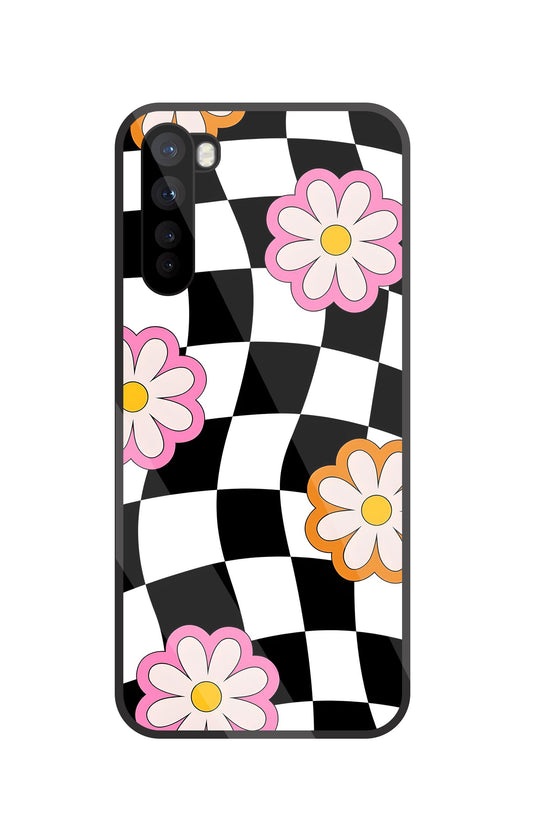 Check Pattern With Flowers Glass Case For OnePlus Nord