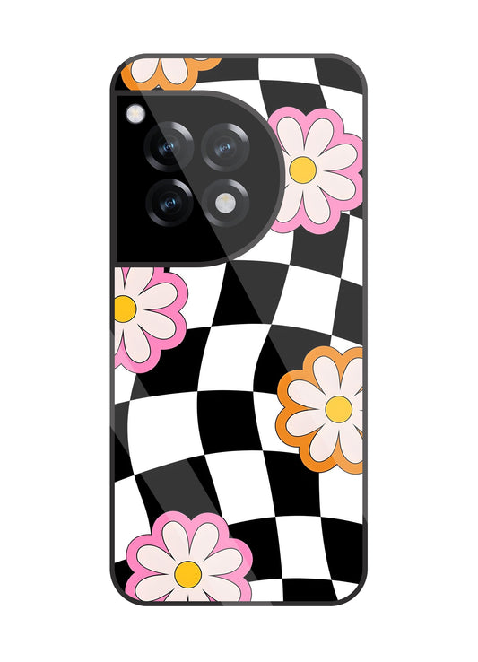 Check Pattern With Flowers Glass Case For OnePlus 12R