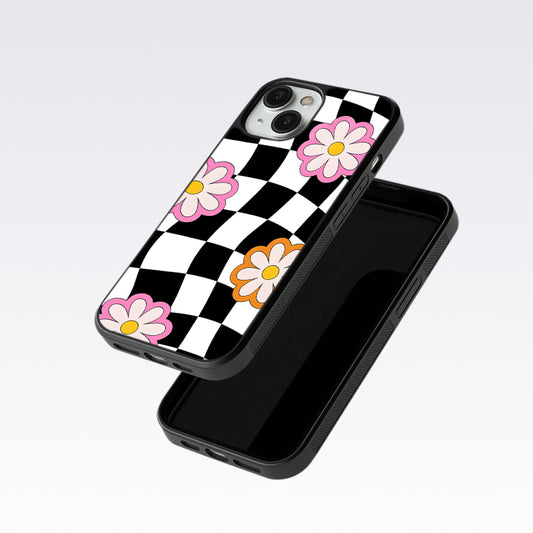 Check Pattern With Flowers Glass Case For OnePlus Nord