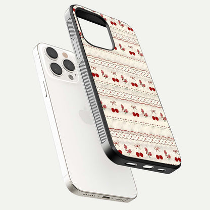 Cherry Bloom Charm Glass Case for iPhone 15 Pro Max floating mockup showing bloom texture and polished gloss