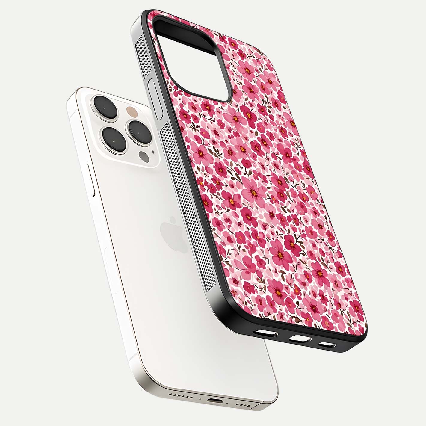 Cherry Blossom Charm Glass Case for iPhone 15 Pro Max floating mockup displaying pink tone flow and polished edges