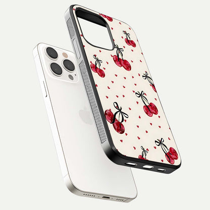 Cherry Heart Bow Glass Case for iPhone 15 Pro Max floating mockup showing reflection and HD print detail