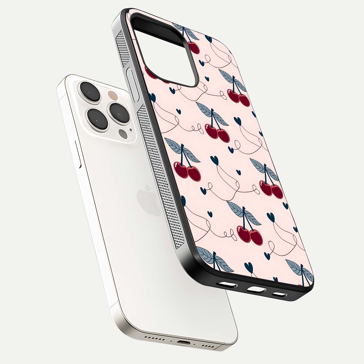 Cherry Heart Line Glass Case for iPhone 15 Pro Max floating mockup showing gloss polish and bright tones