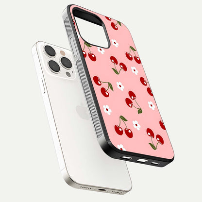 Cherry Love Mood Glass Case for iPhone 15 Pro Max floating mockup showing HD gloss reflection and red tones