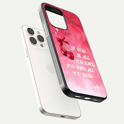 Cherry Quote Glass Case for iPhone 15 Pro Max floating mockup capturing shine texture and clear typography