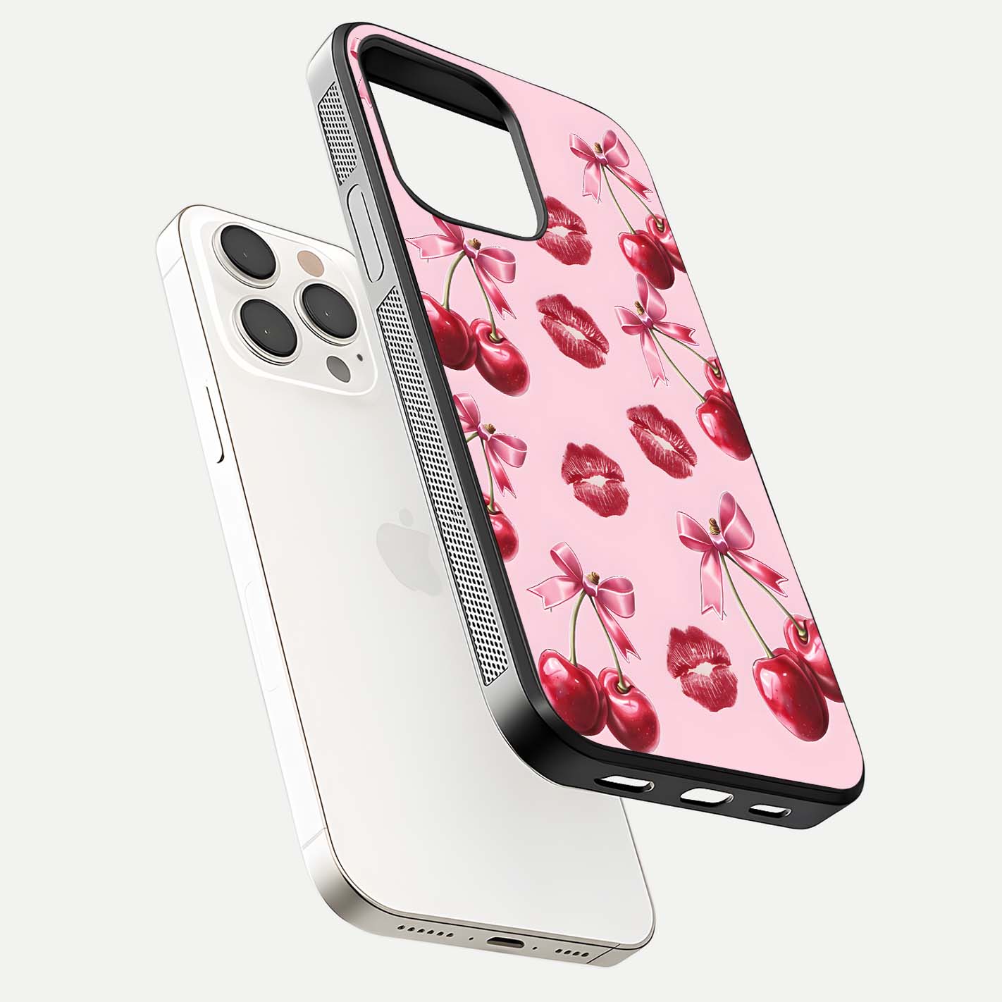Cherry With Lips Glass Case for iPhone 15 Pro Max floating mockup showing HD gloss and pop-art inspired tones