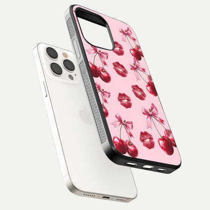 Cherry With Lips Glass Case for iPhone 15 Pro Max floating mockup showing HD gloss and pop-art inspired tones