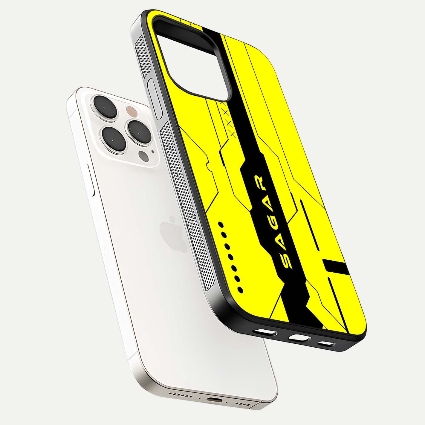 Circuit CYBERPUNK Custom Name Glass Case for iPhone 15 Pro Max floating mockup capturing glow effects and polished shine