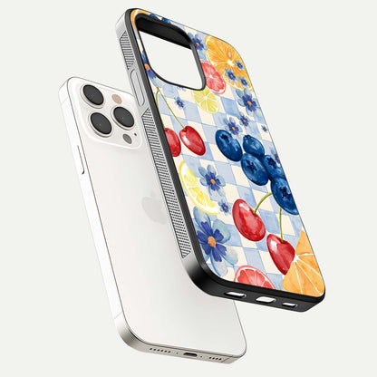 Citrus Bloom Joy Glass Case for iPhone 15 Pro Max floating mockup showing HD gloss and lively tone