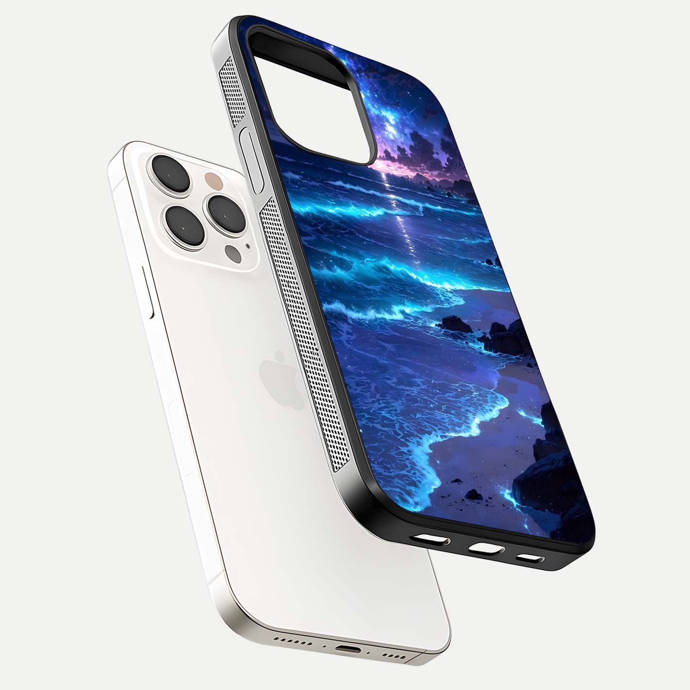 Classic Damn Look Glass Case for iPhone 15 Pro Max floating mockup emphasizing HD gloss and stylish edges