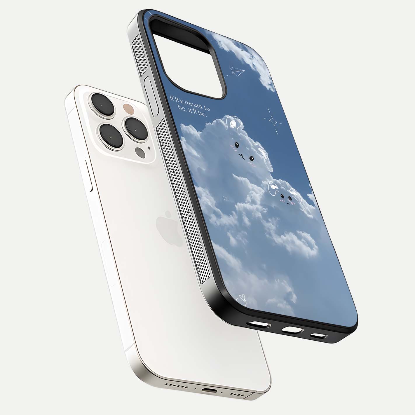 Cloud Bunny Dreams Glass Case for iPhone 15 Pro Max floating mockup showing soft gradient and gloss reflection