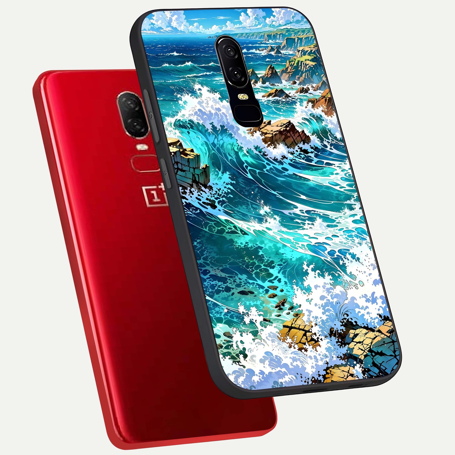 Coastal Blue Waves Glass Case displayed upright for serene ocean visibility and premium finish.