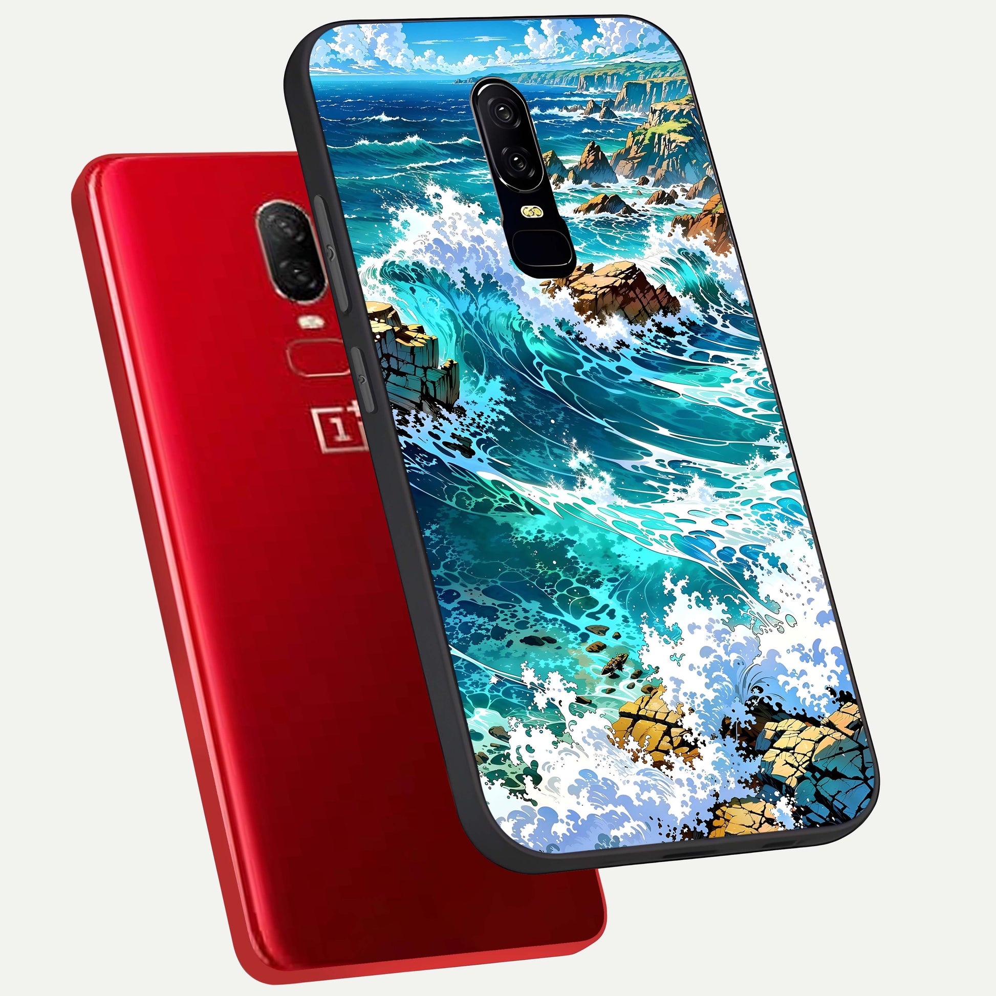 Coastal Blue Waves Glass Case displayed upright for serene ocean visibility and premium finish.