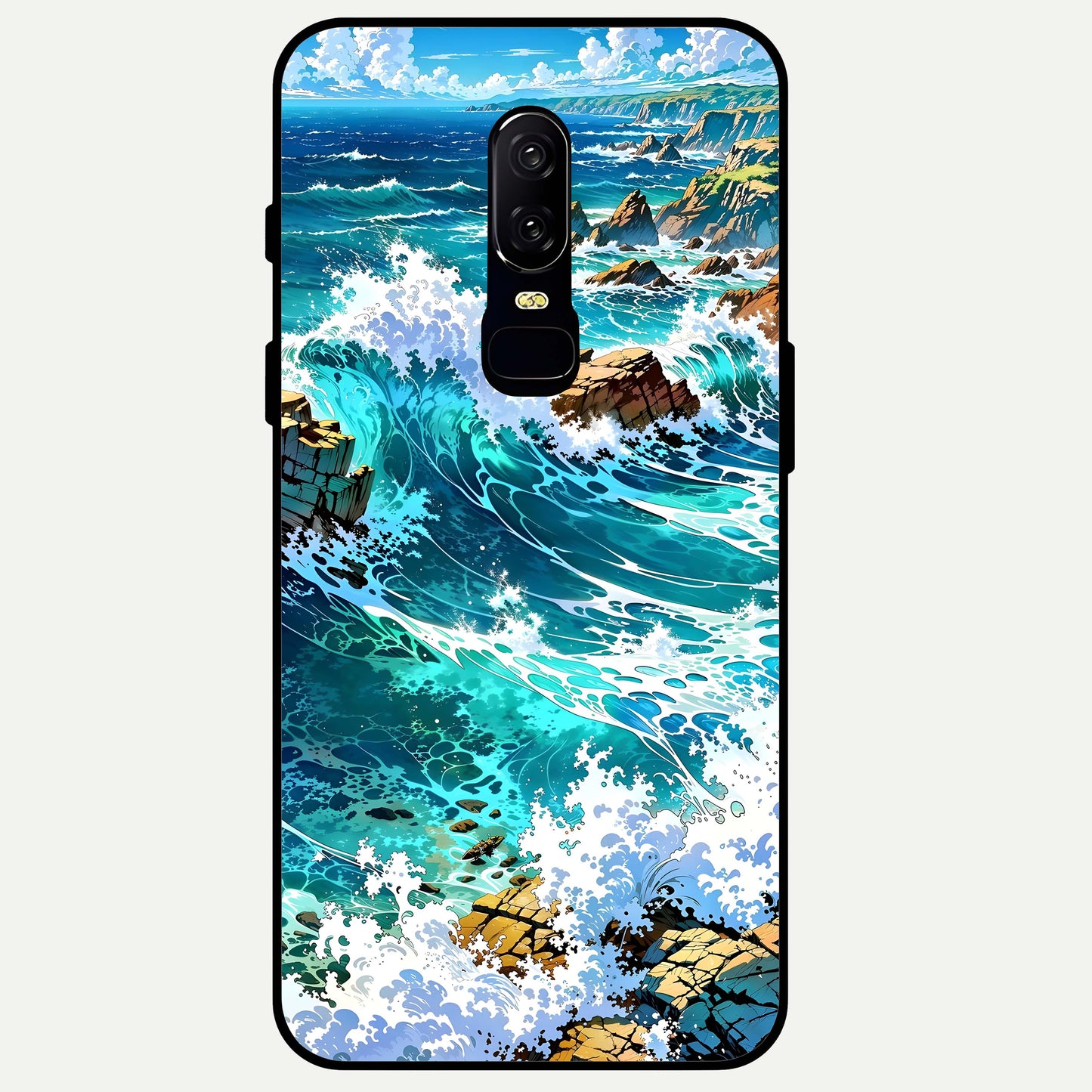 Coastal Blue Waves Glass Case captured at a warm angle highlighting calm coastal motion, gloss, and edge clarity.