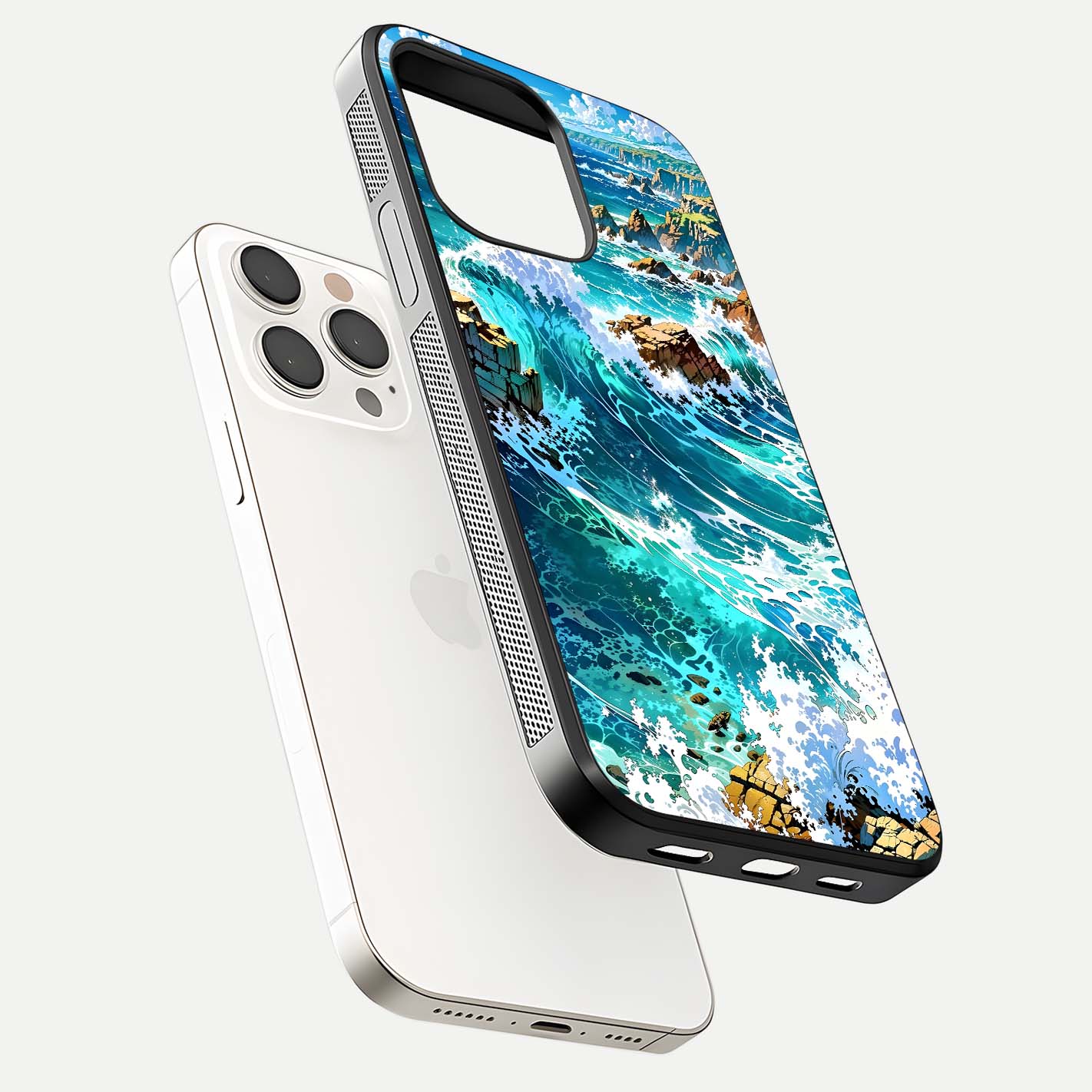 Coastal Blue Waves Glass Case for iPhone 15 Pro Max floating mockup showing HD reflection and wave details