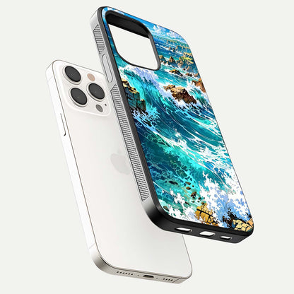 Coastal Blue Waves Glass Case for iPhone 15 Pro Max floating mockup showing HD reflection and wave details