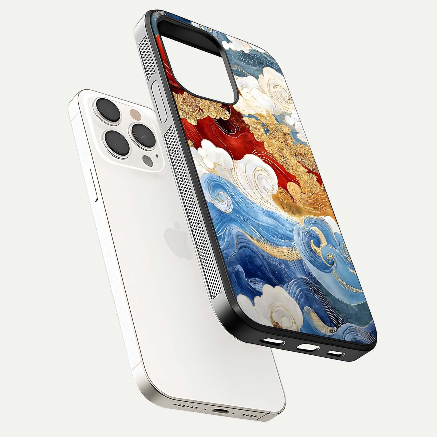 Colored Waves Glass Case for iPhone 15 Pro Max floating dual-view mockup displaying gloss finish and color contrast