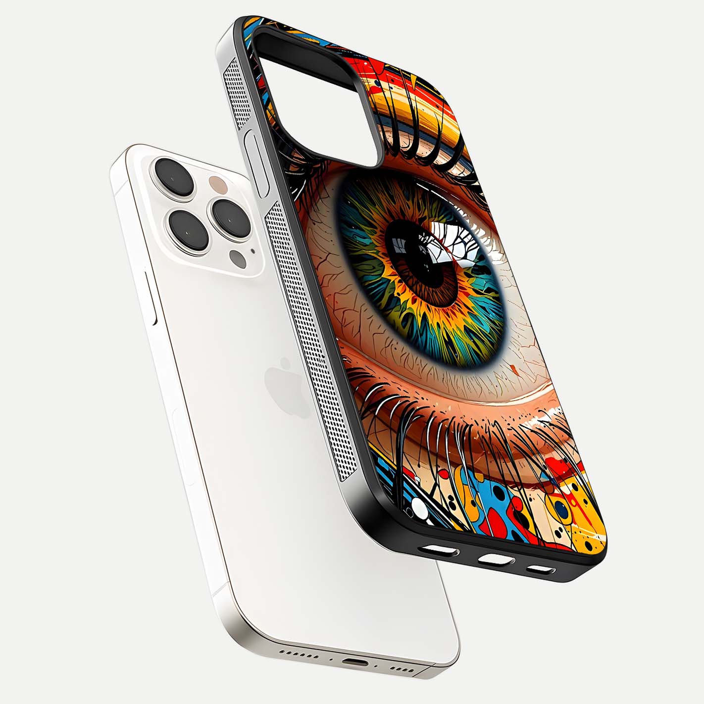 Colorful Eye Glass Case for iPhone 15 Pro Max floating mockup showing bright contrast and gloss clarity