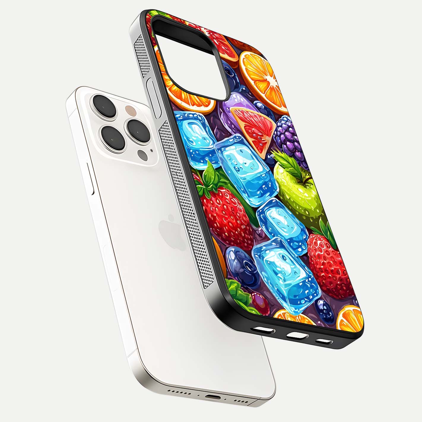 Colorful Fruits with Ice Glass Case for iPhone 15 Pro Max floating mockup showing bright shine and crystal clarity