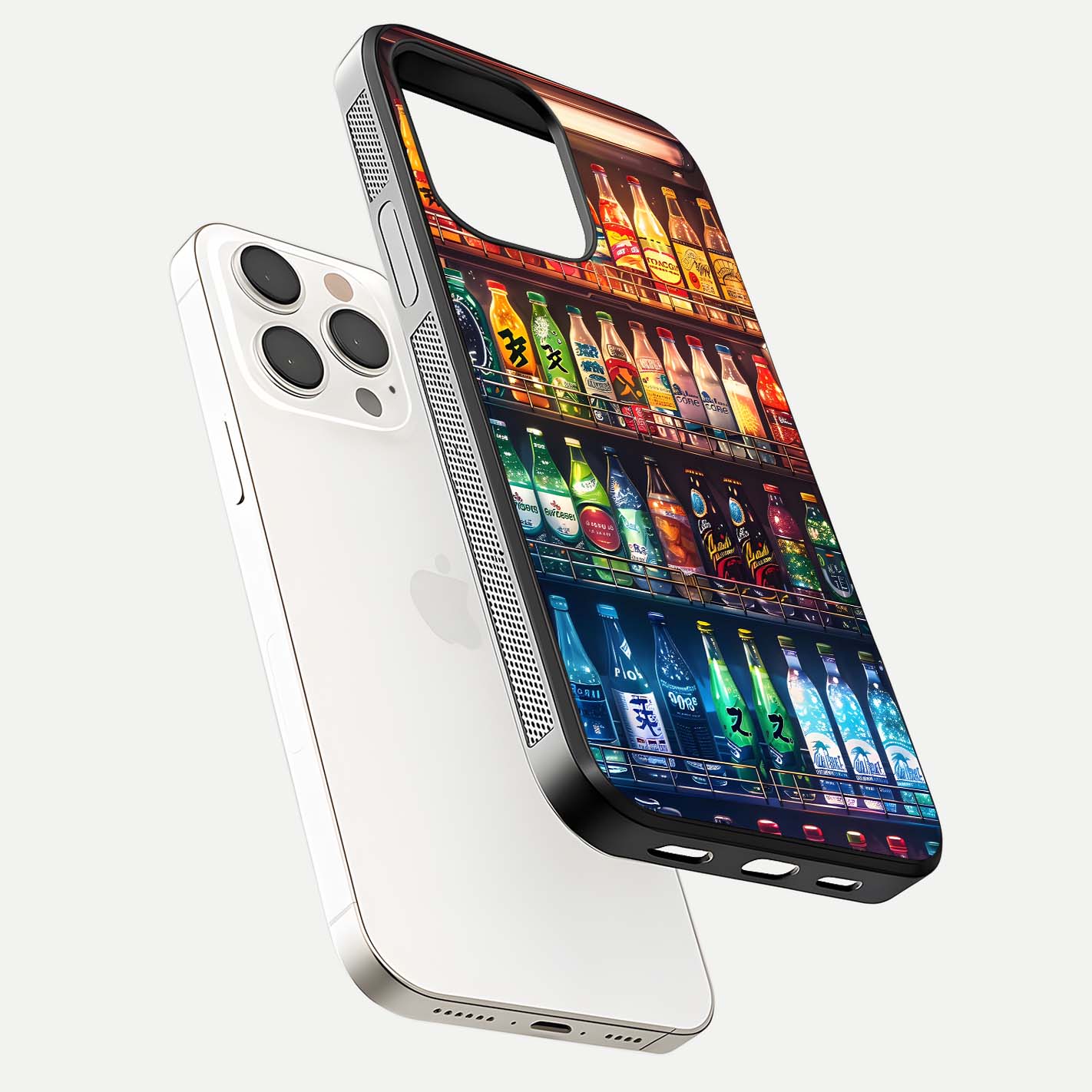 Colorful Soda Bottles Glass Case for iPhone 15 Pro Max floating mockup showing light reflection and bright gloss