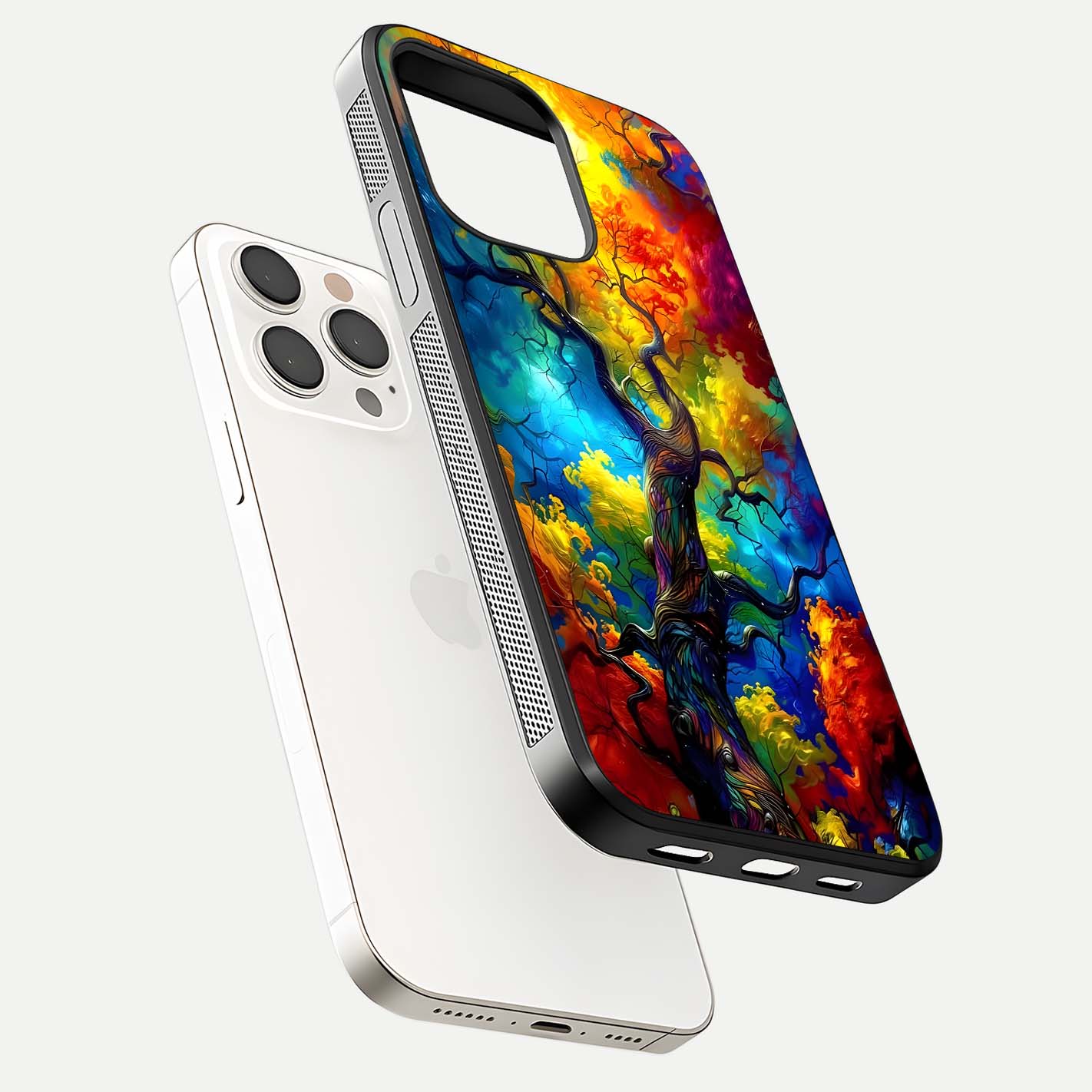 Colorful Tree Glass Case for iPhone 15 Pro Max floating mockup showing reflection gloss and vivid hues