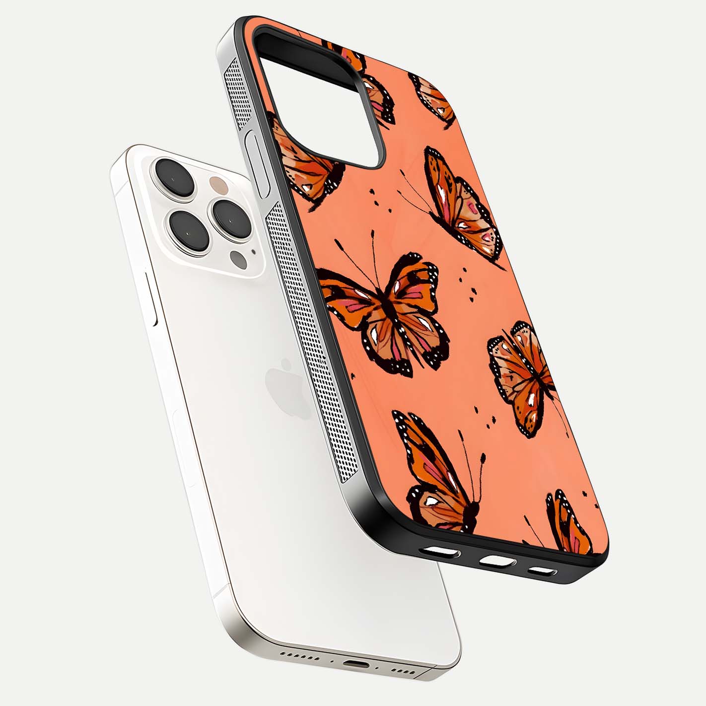 Coral Wing Butterfly Glass Case for iPhone 15 Pro Max floating mockup showing HD gloss texture and vivid coral color