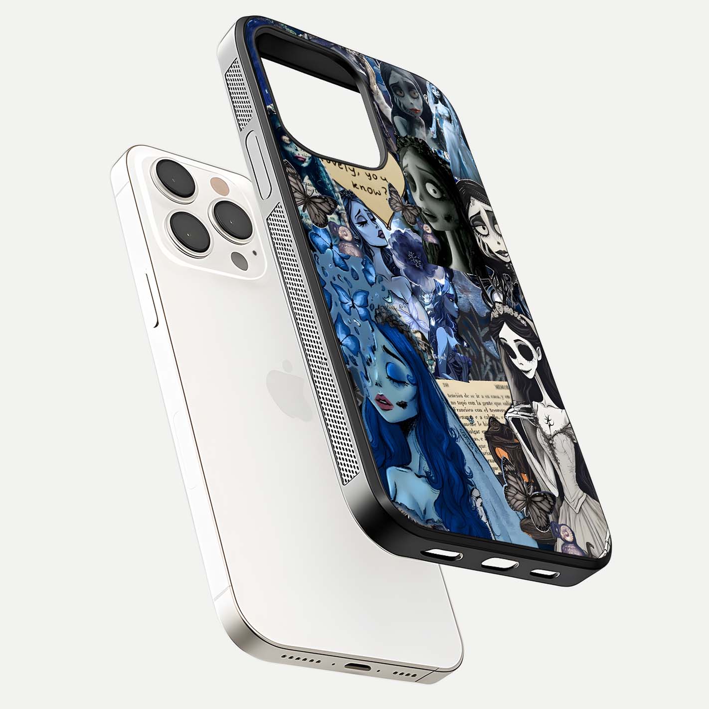 Corpse Bride Posters Glass Case for iPhone 15 Pro Max floating mockup showing shine texture and clear design