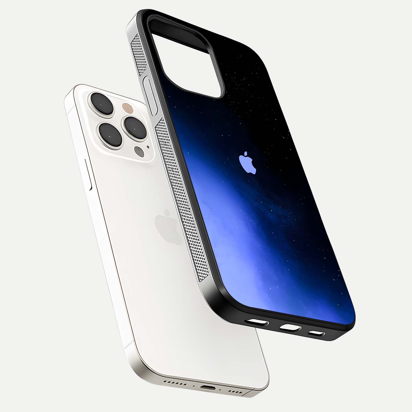 Cosmic Blue Apple Glass Case for iPhone 15 Pro Max floating mockup showing HD gloss and deep space gradient