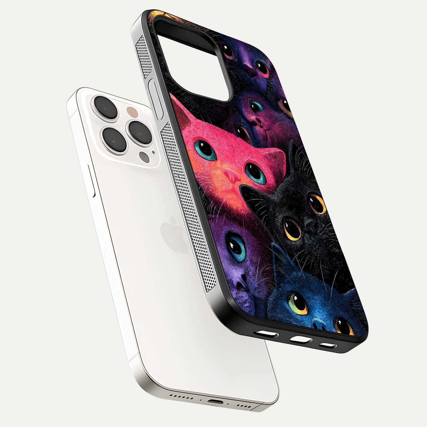 Cosmic Cats Dreams Glass Case for iPhone 15 Pro Max floating mockup showing star details and polish reflection
