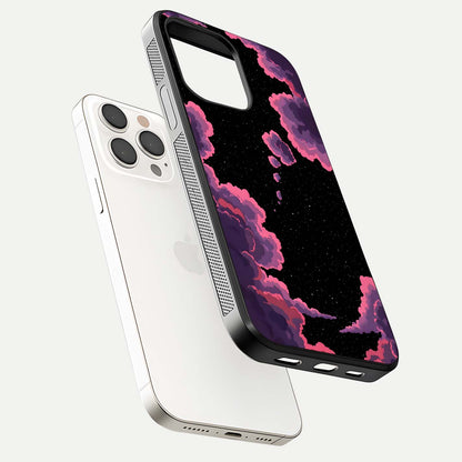 Cosmic Cloud Journey Glass Case for iPhone 15 Pro Max floating mockup showing HD gloss and cosmic gradient