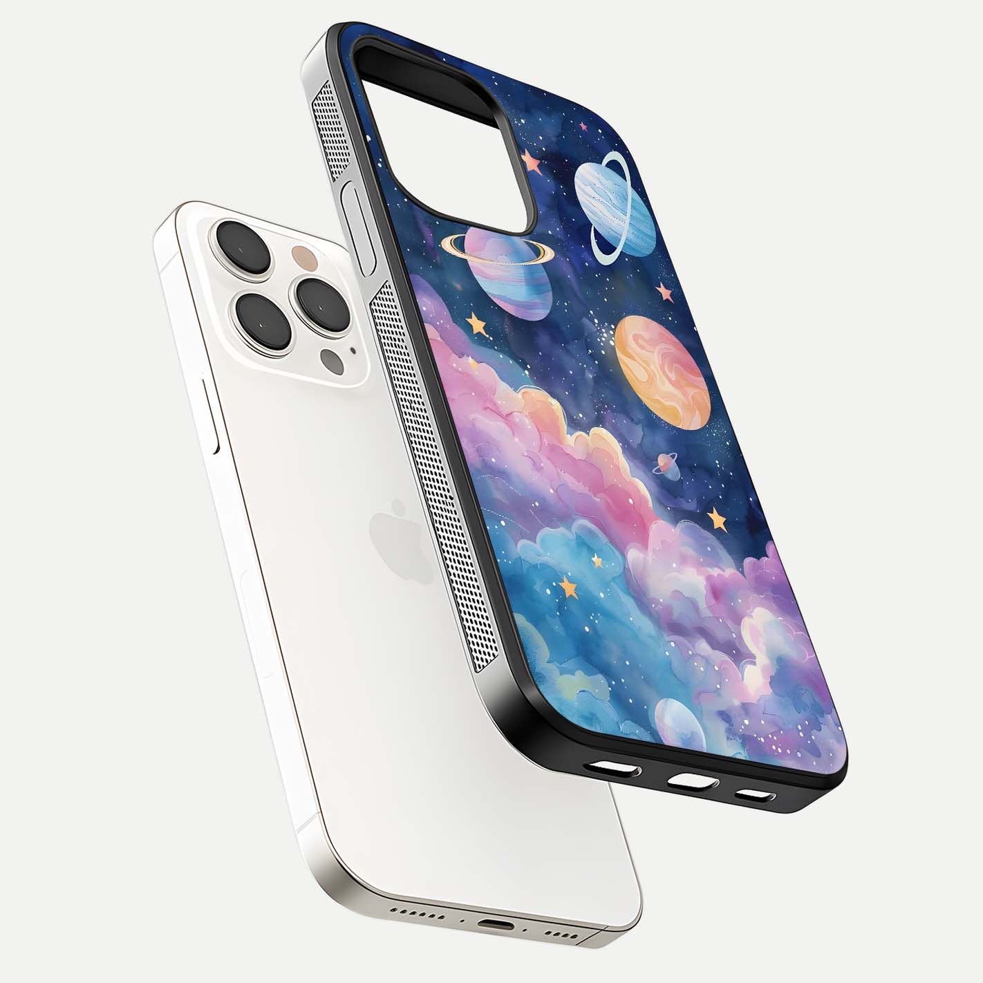 Cosmic Planet Dreams Glass Case for iPhone 15 Pro Max floating mockup showing HD gloss and cosmic reflection