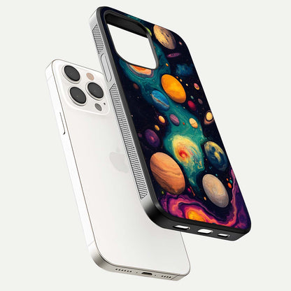 Cosmic Planet Journey Glass Case for iPhone 15 Pro Max floating mockup showing gloss gradient and deep shine