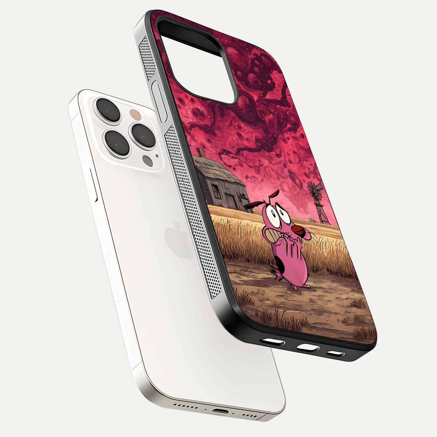 Courage Under Sky Glass Case for iPhone 15 Pro Max floating mockup showing shine reflection and clean edges