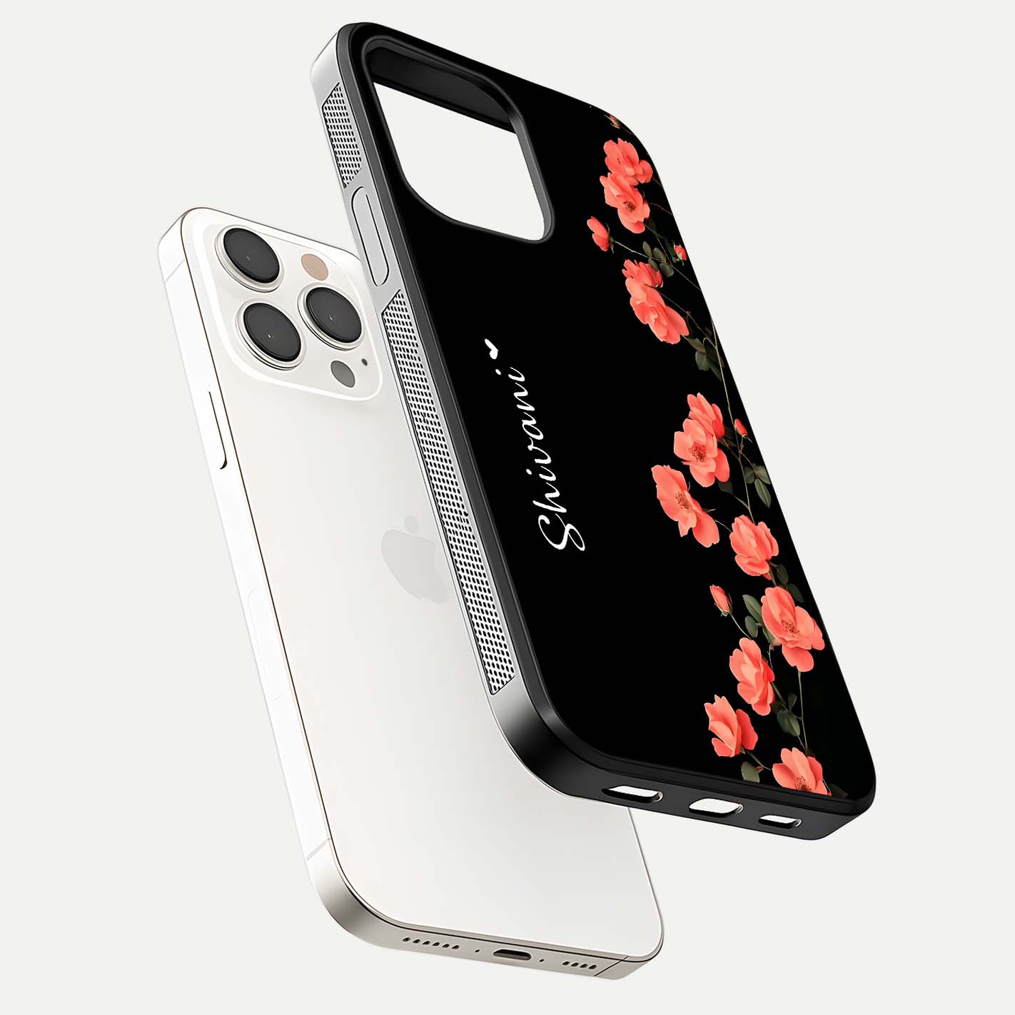 Crimson Bloom Grace Custom Name Glass Case for iPhone 15 Pro Max floating mockup showing HD gloss and floral tones