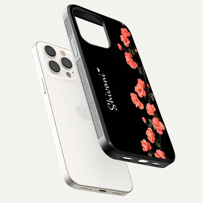 Crimson Bloom Grace Custom Name Glass Case for iPhone 15 Pro Max floating mockup showing HD gloss and floral tones