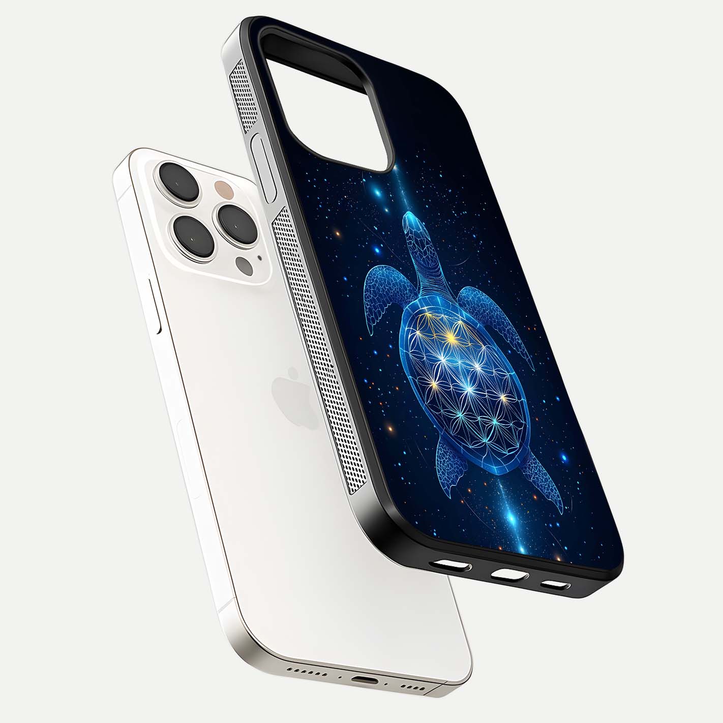 Crimson Blue Turtle Glass Case for iPhone 15 Pro Max floating mockup showing reflection polish and deep hues