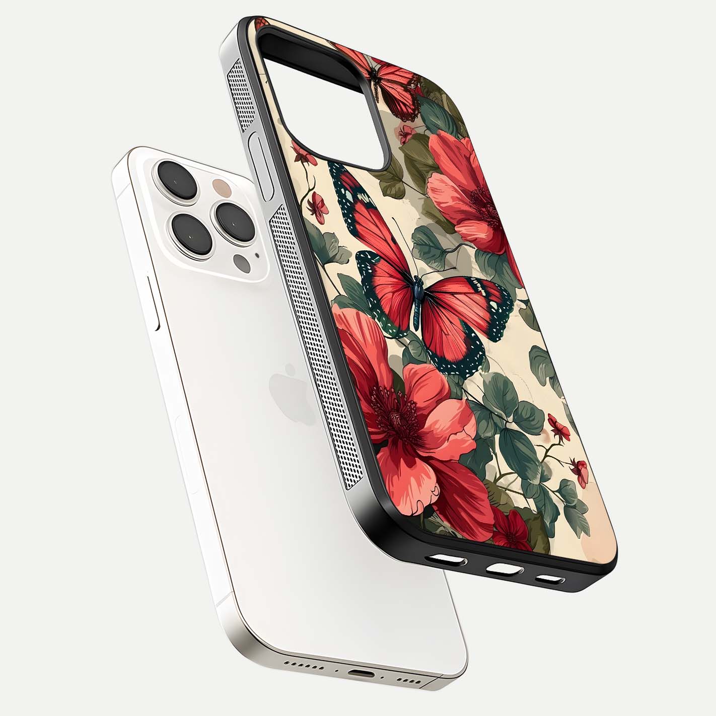Crimson Butterfly Garden Glass Case for iPhone 15 Pro Max floating mockup showing HD gloss and vivid art