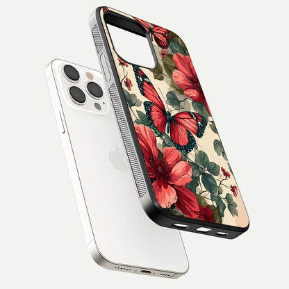 Crimson Butterfly Garden Glass Case for iPhone 15 Pro Max floating mockup showing HD gloss and vivid art